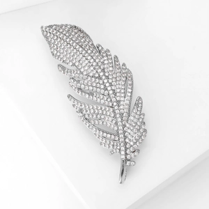 Détail d'une luxueuse broche en forme de plume argentée sertie de zircons brillants