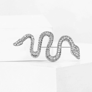 Close-up of a silver snake brooch with sparkling rhinestones on minimalist white block