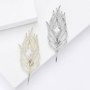 Elegant gold and silver feather brooches with micro-set zircon and teardrop stones