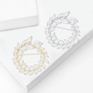 Eleganter Kupfer Zirkon Olivenzweig Kranz Brosche Für Damen Gold Silber Vergoldet Kristall Blumen Nadel Für Anzüge Hochzeit
