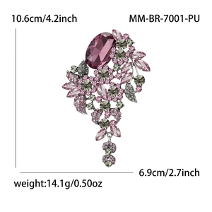 Elegante paarse bloem kwastje broche met kristallen voor pakken en sjaals, 10.6x6.9cm
