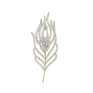 Elegant Copper Zirconia Feather Brooch For Women Light Luxury Micro-Paved High-End Corsage Suit Dress Pin Fashion Jewelry Accessory