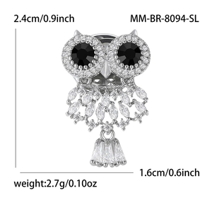 Sparkling owl brooch with micro-pave cubic zirconia and dimensions measurement details