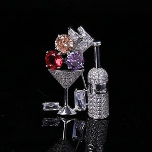 Elegant cocktail and wine bottle brooch with micro-pave zircons and colorful gemstones
