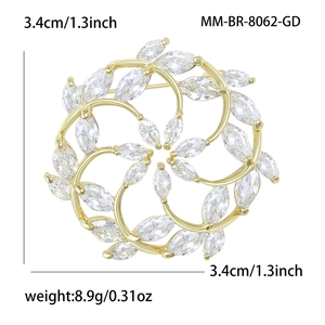 Eleganter goldener Kranz-Brosche mit Markis-Zirkonia, 3,4 cm Durchmesser, modisches Accessoire