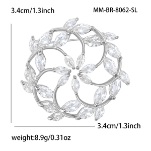 Eleganter Silberkranz-Brosche mit Zirkonia-Steinen im hohlen Blatt-Design für Damen