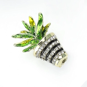 Mini cactus plant brooch with green gradient enamel and sparkling rhinestone pot