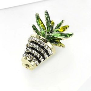 Mini cactus potted plant brooch with green enamel leaves and sparkling white zircons