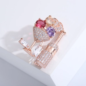 Cocktail bottle and glass brooch with sparkling colored zircons in rose gold finish