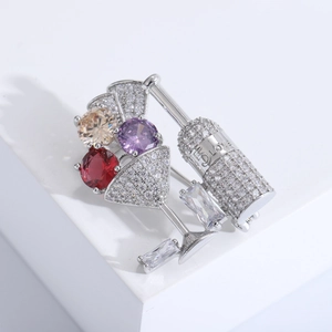 Creative cocktail glass brooch with colorful cubic zirconia and silver LOVE bottle