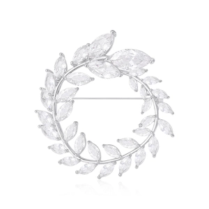 Elegant Copper Zirconia Olive Branch Brooch For Women Shiny Cubic Zircon Marquise Leaf Wreath Shape Lapel Pin Suit Apparel Decorative Accessory