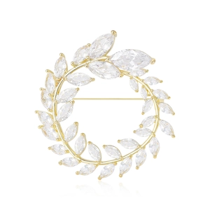 Classic gold olive branch wreath brooch with sparkling zircon marquise crystals