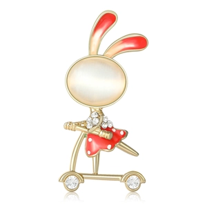 Cute Alloy Rabbit Scooter Brooch With Faux Cat Eye Stone Rhinestone Enamel Drip Animal Pin For Women Suit Anti-exposure Jewelry
