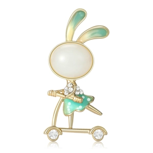 Cute bunny on scooter brooch in gold metal with pearls and sparkling rhinestones