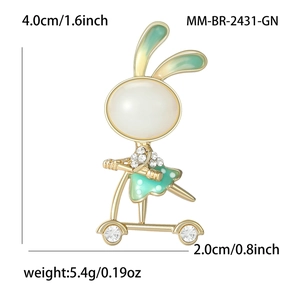 Cute rabbit on scooter brooch with white opal and green enamel for women's fashion