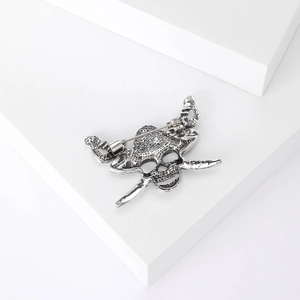Vintage silver skull and crossed swords pirate brooch in punk gothic metal style