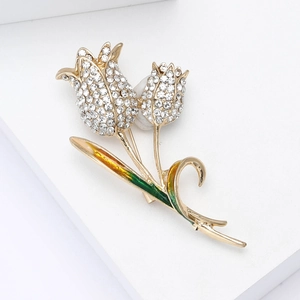 Elegant tulip brooch with sparkling rhinestones and colorful enamel on a golden alloy base