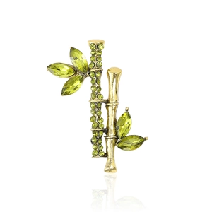 Elegant Alloy Bamboo Branch Brooch Green Rhinestone Inlaid Gold Tone Bamboo Leaf Suit Lapel Pin Fashion Jewelry Accessory