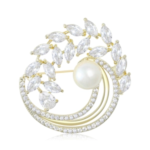 Élégante Broche Couronne en Cuivre avec Zircone Cubique et Künstliche Perle d'Imitation Design Feuille d'Olivier Broche de Costume pour Femme