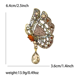 Tableau détaillé des tailles de la broche papillon vintage avec dimensions et poids