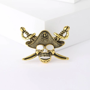 Vintage bronze pirate skull brooch with crossed swords for men in punk style