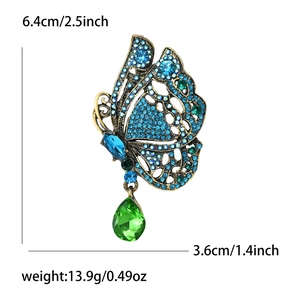Tableau des tailles détaillé pour broche papillon vintage avec dimensions en cm/pouces