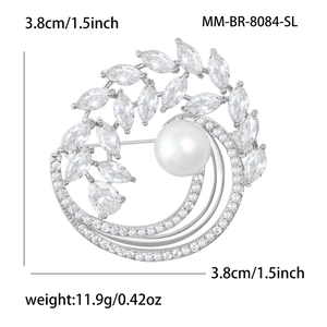 Broche couronne de feuilles d'olivier en argent avec cristaux et perle de 3,8 cm