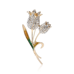 Elegant gold tulip brooch with sparkling rhinestones and green enamel flower accents