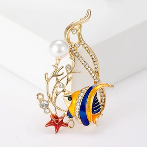 Marine Tropische Vis Emaille Broche Legering Strass Kunstparel Zeester Pin Vrouwen Mode Sieraden Pak Jurk Accessoires