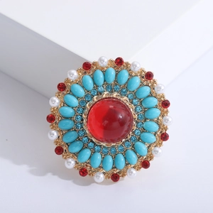 Vintage Baroque Ruby Red Rhinestone Brooch For Women Alloy Palace Style Round Sunflower Pin With Faux Artificial Pearl Accessories