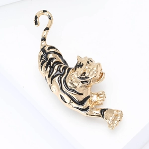 Vintage gold-plated tiger brooch with black enamel details for men's suits and coats