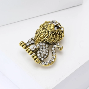 Macro detail of lion brooch featuring clear rhinestones on vintage gold metal base