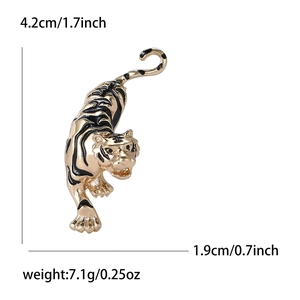Golden alloy tiger brooch with black enamel details and precise size measurements