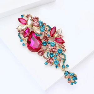 Vintage gold alloy brooch with vibrant multi-color rhinestones and pink teardrop gem