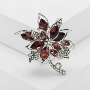 Elegant crystal flower brooch with deep red marquise stones and rainbow rhinestones