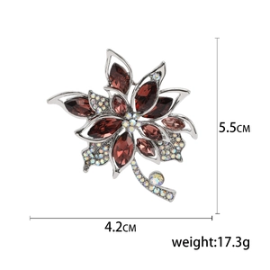 Elegant red crystal flower brooch pin with silver base and rhinestone details for women