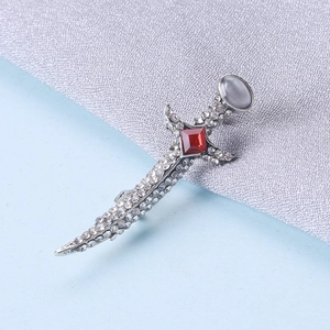 Vintage Alloy Rhinestone Dagger Brooch Fantasy Sword Pin With Red Accent Stone Silver Color Gothic Fashion Jewelry For Women