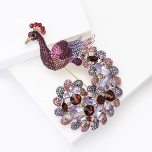 Exquisite Chinese style peacock brooch with colorful crystals and rhinestones in gold alloy