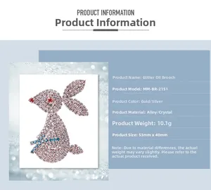 Detailed spec sheet showing a crystal-encrusted rabbit brooch with dimensions and weight