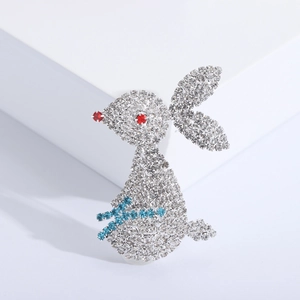 Exquisite rabbit brooch with sparkling white, blue and red rhinestones on silver base