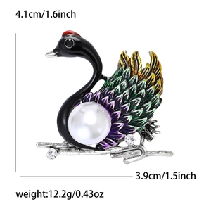 Fashionable black swan brooch with colorful enamel and white pearl on silver alloy base