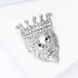 Vintage silver lion head brooch with crown and diamonds for suits and coats