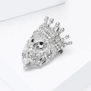 Silver crown lion head brooch with sparkling rhinestones for suits and coats