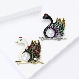 Fashion colorful enamel swan brooches with pearls and vintage alloy branch base
