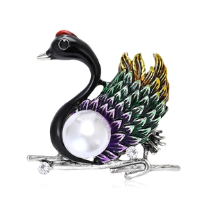 French Vintage Alloy Enamel Swan Brooch With Large Faux Artificial Pearl Rhinestone Elegant Animal Pin For Women Banquet Jewelry