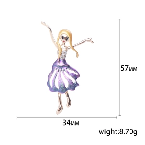 Elegant ballet dancer brooch with purple glitter dress and rhinestones, 57mm height