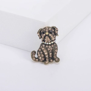 Vintage-Bulldogge-Brosche in Bronze mit Champagner-Strass und buntem Halsband