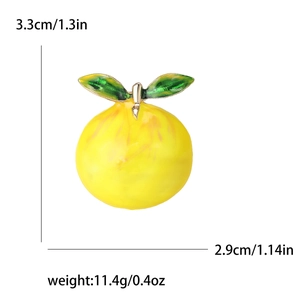 Cute yellow enamel lemon brooch with green leaves and gold metal edges for women