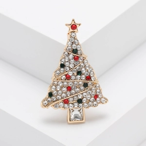 Broche sapin de Noël étincelante avec strass multicolores sur socle doré