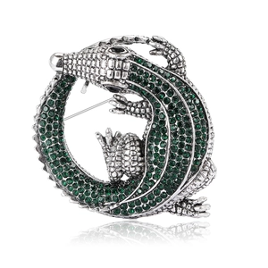 Retro crocodile brooch with green crystals and silver alloy for men's suit jacket